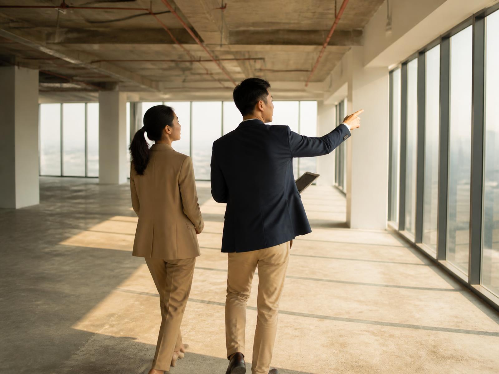 Hai người đi xem một sàn văn phòng trống, một người chỉ về phía dải kính